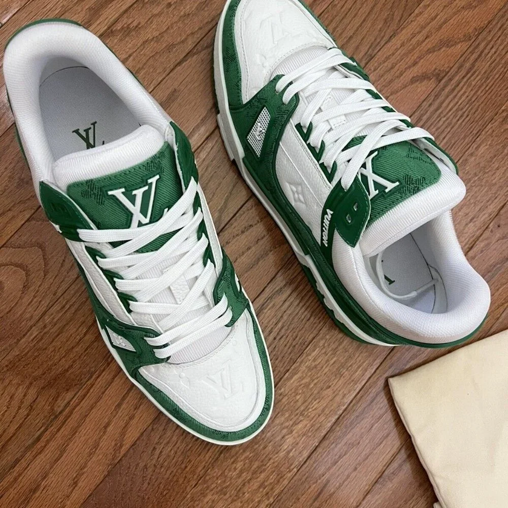 AUTH Louis Vuitton LV Trainers Men Sneakers Low Top Shoes Size 11 Green Monogram - Picture 3 of 5